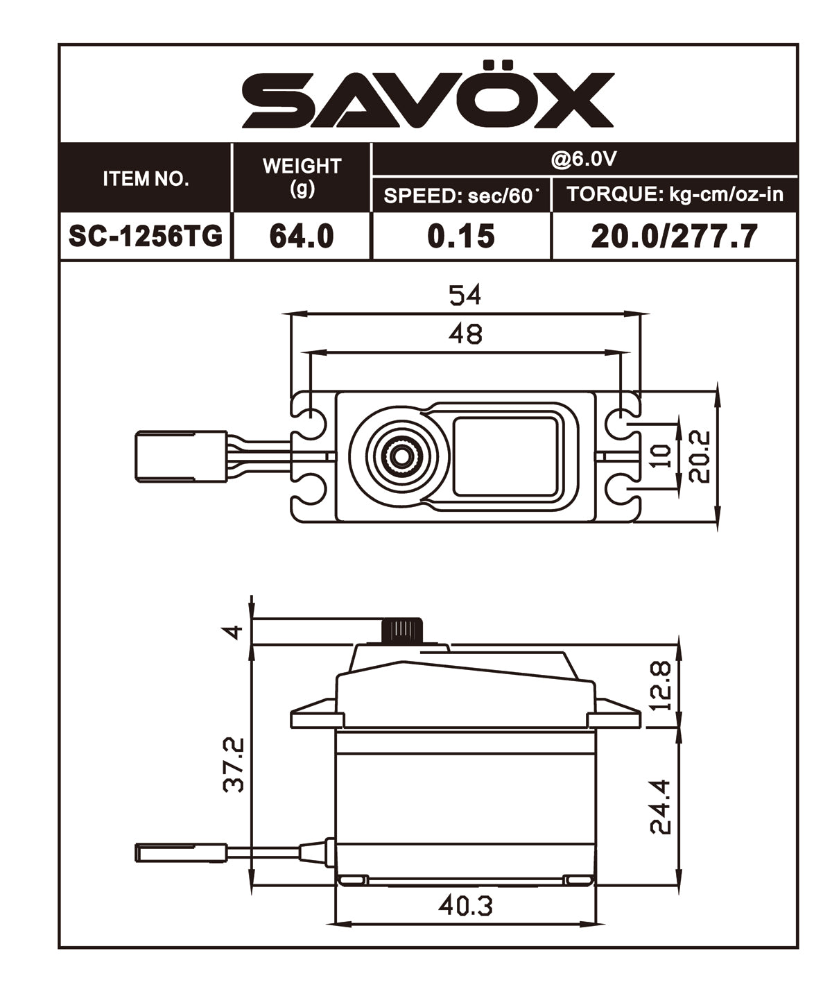 Savox - SC-1256TG-BE - Black Edition Standard Size Coreless Digital Servo 0.15sec / 277oz @ 6V