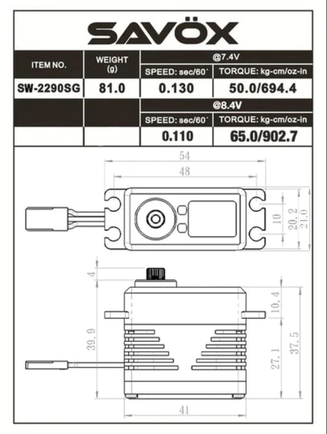 Savox - SW-2290SG-BE - Black Edition Waterproof High Voltage, Brushless, Digital Servo - 0.11sec / 972.1oz @ 8.4v